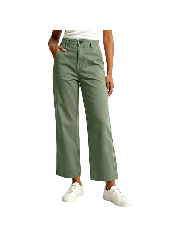 Women's High Waist Straight Leg Pants, Button Front Patch Pocket Wide Leg Trousers, Solid Color Cropped Bottoms for Work, Vacation & Casual Wear