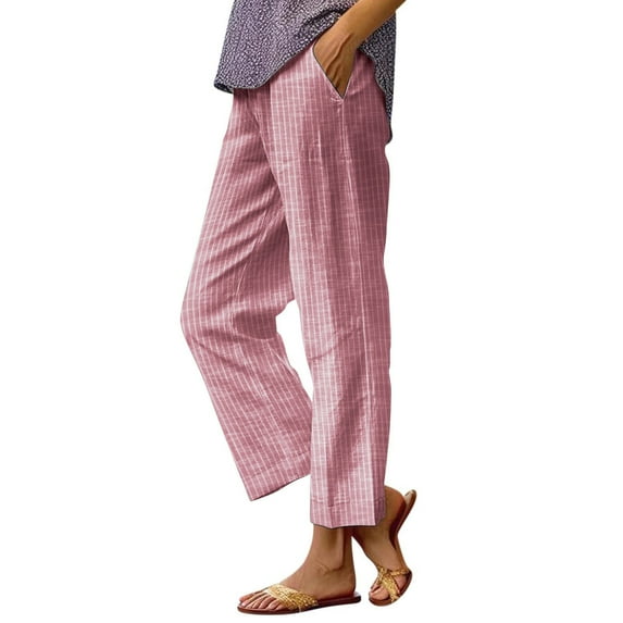 Caywon Women's High Waist Striped Printed Pants Elastic Waist Casual Breathable Pocket Long Pants Casual 9/10 Trousers for Daily Party Pink S