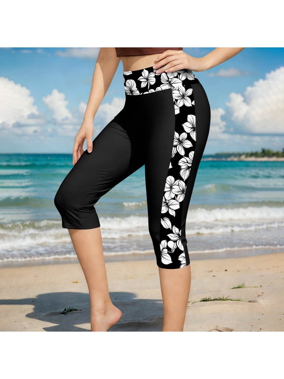 Women's High Waist Swim Capri Pants, Floral Side Stripe Slim Fit Stretch Leggings, Quick-Dry Athletic Bottoms for Beach, Pool & Water Sports