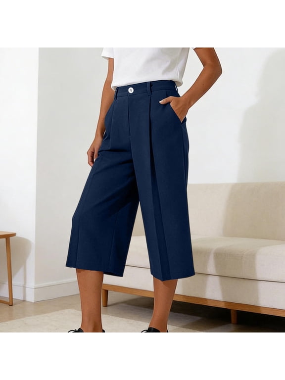 Women's High Waist Wide Leg Culotte Pants, Pleated Front Button Closure Side Pockets, Relaxed Fit Stretch Trousers for Work, Vacation, and Casual Wear