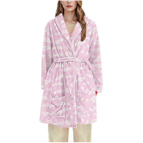 Caywon Women's Homewear Flannel Bathrobe Long Pajama Unhooded Top with Long-Length Design Unhooded for Classic Loungewear