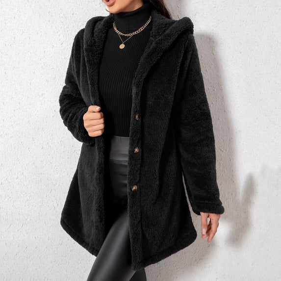 Caywon Women's Hooded Long Coat, Fluffy Textured Button Front Jacket ...