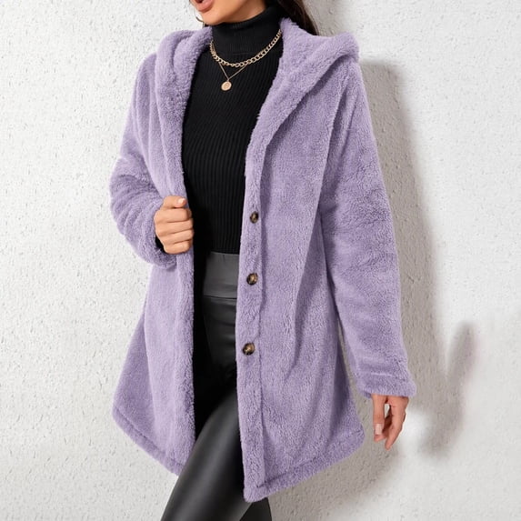 Caywon Women's Hooded Long Coat, Fluffy Textured Button Front Jacket ...