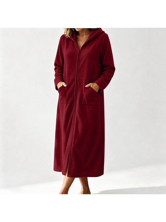 Women's Hooded Robe Zip Up Fleece Long Housecoat Full Zip Long Sleeve Sleepwear with Pockets
