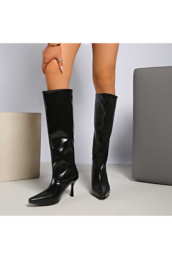 Women's Knee High Boots Pointed Toe Stiletto Heel Side Zipper Tall Booties Patent Leather Dress Boots Fashion Long Boots Botas Altas Mujer
