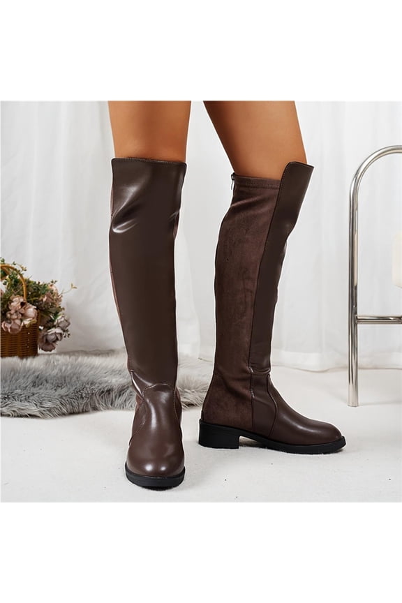 Women's Knee High Boots Round Toe Low Block Heel Side Zip Stretch Back Panel Faux Leather Tall Riding Booties Casual Fall Winter Botines Mujer
