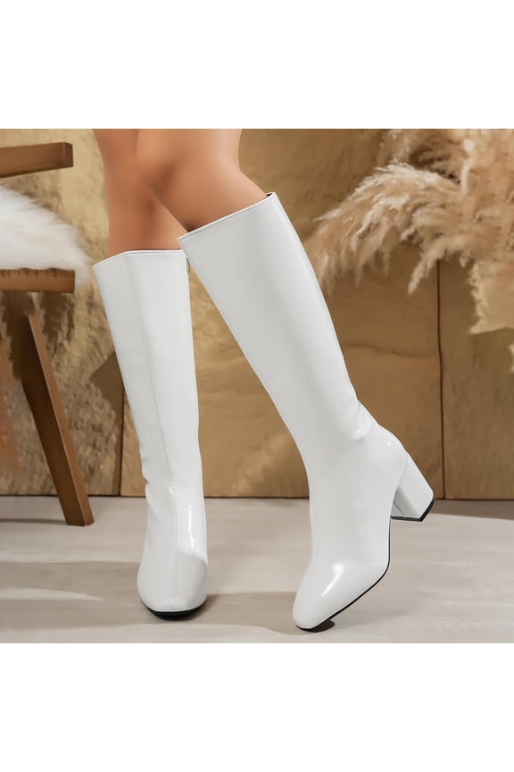 Women's Knee High Boots Square Toe Block Heel Side Zip Faux Leather Tall Booties Casual Daily Wear Soft Comfy Shoes Fall Winter Botines Mujer