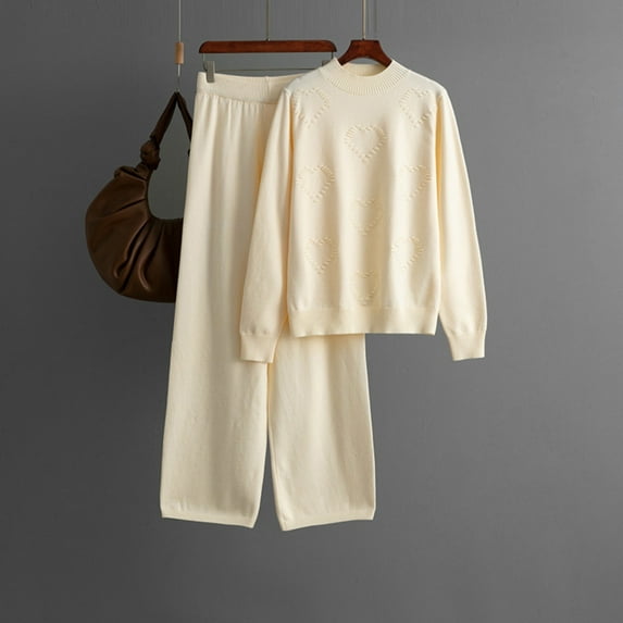 Caywon Women's Knitted Solid Color Crew Neck Long Sleeve Pullover Sweater Pants 2-Piece Set Soft Fabric Comfortable Fit for Autumn Winter Daily Casual Home Wear