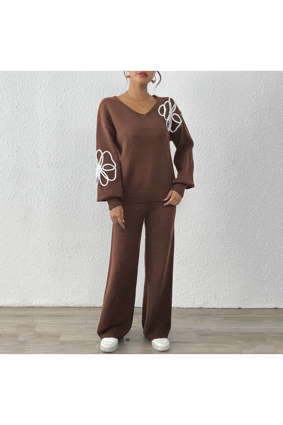 Women's Knitted V-Neck Embroidered Sweater Set Long Sleeve Pullover Top and Straight Leg Pants Cozy Homewear Matching Set for Home Leisure