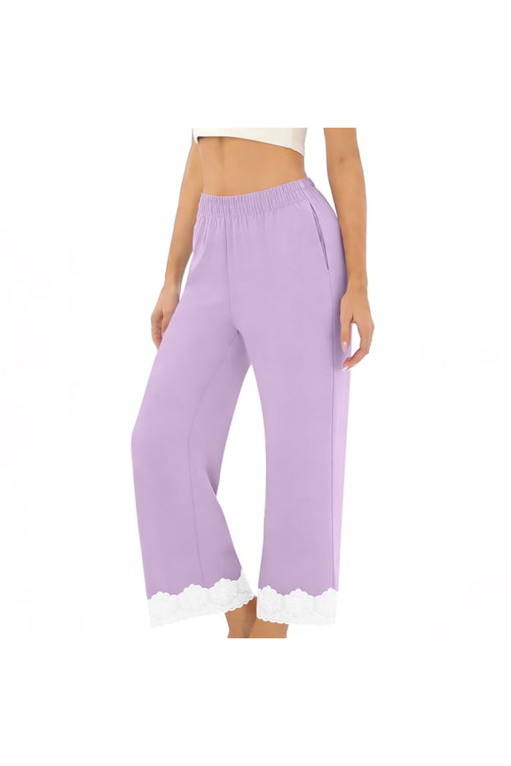 Women's Lace Trim Wide Leg Pants Elastic Waist Soft Sleepwear Bottoms with Pockets Loose Fit Home Wear Casual Relax Pants for All Season Pantalones de Pijama con Encaje
