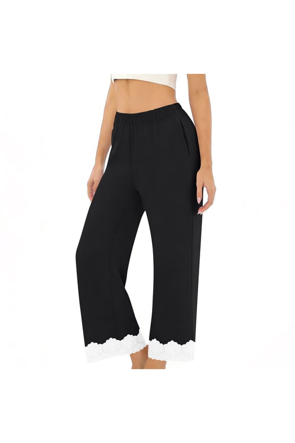 Women's Lace Trim Wide Leg Pants Elastic Waist Soft Sleepwear Bottoms with Pockets Loose Fit Home Wear Casual Relax Pants for All Season Pantalones de Pijama con Encaje