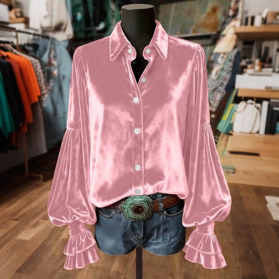 Caywon Women's Lapel Vintage Court Style Long Sleeve Velvet Button Down Shirt Classic Design for Office Party Casual Wear