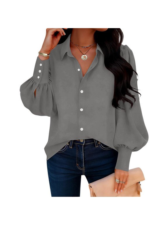 Women's Long Sleeve Button Down Shirt with Bishop Sleeves and Cuff Details, Solid Color Collared V-Neck Casual Blouse for Office Work and Vacation Daily Wear