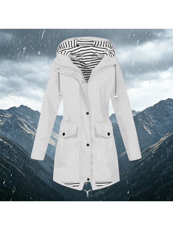 Women's Long Sleeve Hooded Windbreaker Jacket with Snap Front and Flap Pockets Midi Length Water REPELLENT Casual Outdoor Coat