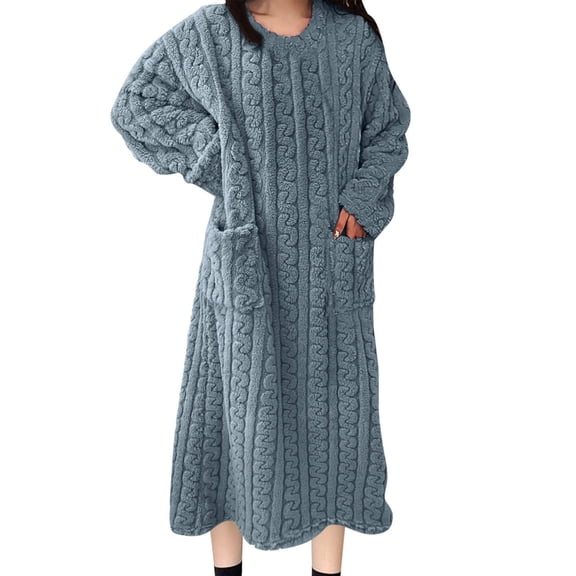 Caywon Women's Long-Sleeve Solid Color Nightgown Extended Length Warm Nightdress with 2 Pockets Hoodie-Free Soft Fabric for Cold Season Comfortable Sleep