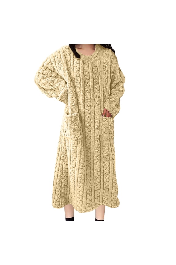 Women's Long-Sleeve Solid Color Nightgown Extended Length Warm Nightdress with 2 Pockets Hoodie-Free Soft Fabric for Cold Season Comfortable Sleep