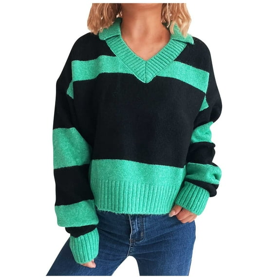 Caywon Women's Long Sleeve Sweater V-Neck Striped Color-Block Pullover Sweater Color-Block Details for Autumn Winter Daily Wear Casual Gatherings