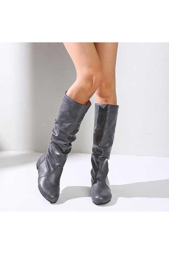 Women's Mid Calf Boots Round Toe Wedge Heel Slouchy Shaft Side Zip Casual Daily Wear Soft Comfy Shoes Fashion Fall Winter Pull On Botines Mujer