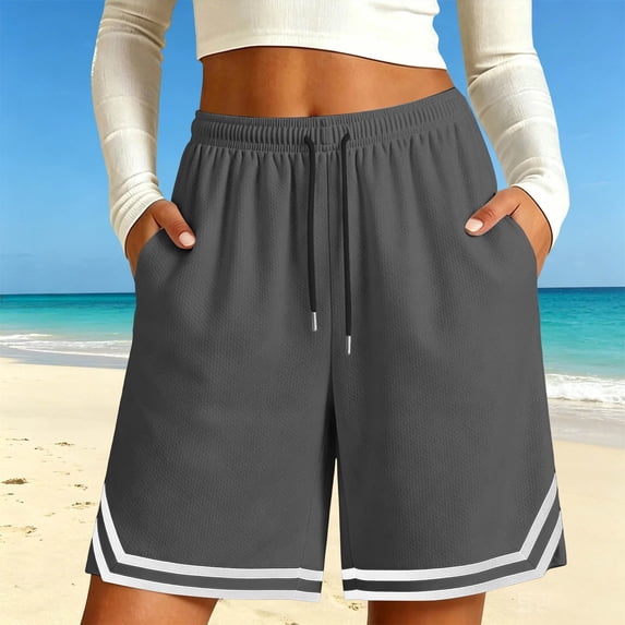 Caywon Women's Mid Length Basketball Shorts with Drawstring Waist and Pockets, Loose Fit Athletic Sport Pants for Summer Workout and Daily Wear