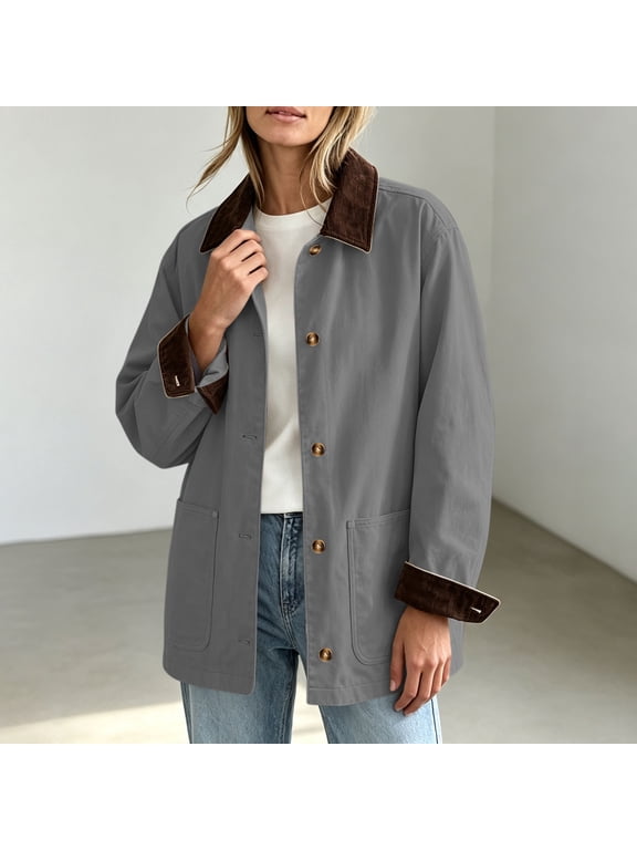 Women's Mid-Length Button Down Jacket Corduroy Trim Collar Long Sleeve Solid Color Chore Coat with Pockets
