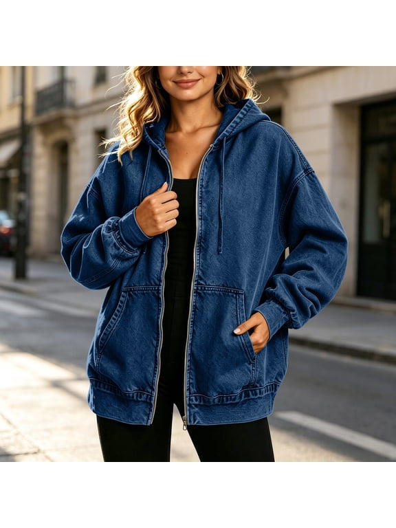 Women's Fashion Jackets, Denim Hooded Zip Front Long Sleeve with Pockets, Casual Daily Wear