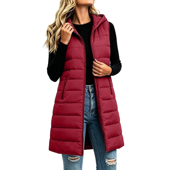 Caywon Women's Outerwear Vests, Hooded Quilted Longline Sleeveless Padded Zip Front with Pockets, Warm Lightweight Winter Casual Daily Wear for Women