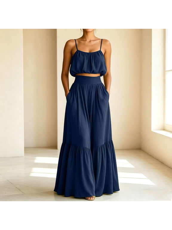 Women's Outfit Set, Spaghetti Strap Crop Top with Tiered Maxi Skirt, 2 Piece Vacation Matching Set for Summer Beach and Casual Daily Wear