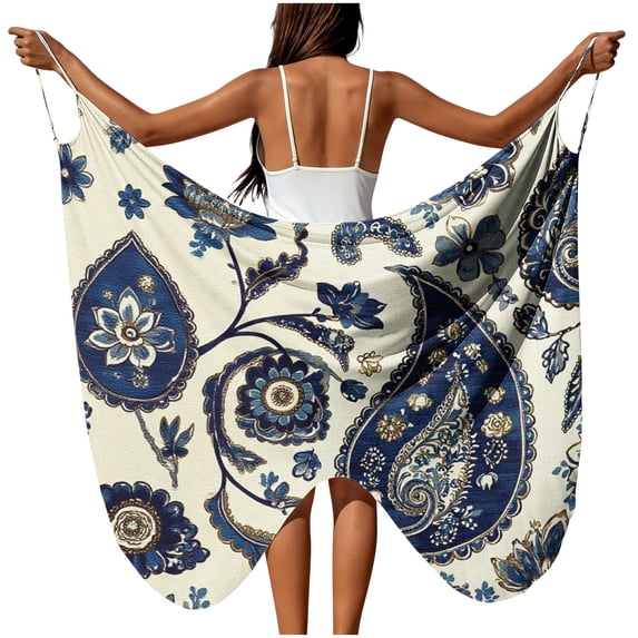 Caywon Women's Paisley Floral Print Spaghetti Strap Open Back Beach Cover-Up, Flowy Airy Summer Vacation Swimsuit Wrap Dress for Resort Escape and Pool Trips