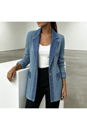 Women's Patchwork Jacket with Denim Contrast Trim and Ribbed Knit Body, Single-Button Casual Layering Outerwear for Teen Girls and Everyday Cool Weather Style