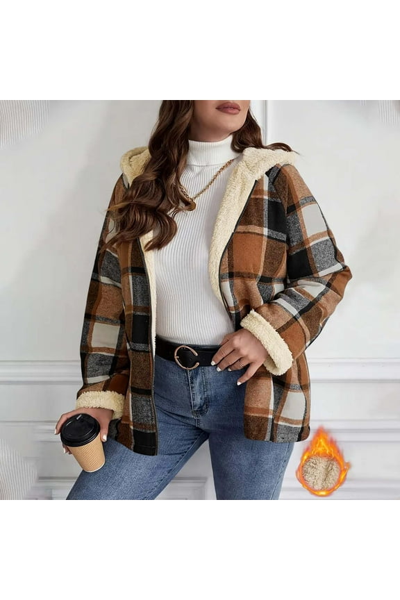 Women's Plaid Composite Loose Zip Hooded Top Autumn Winter Jacket Plaid Pattern Fits Autumn Winter Loose for Comfortable S