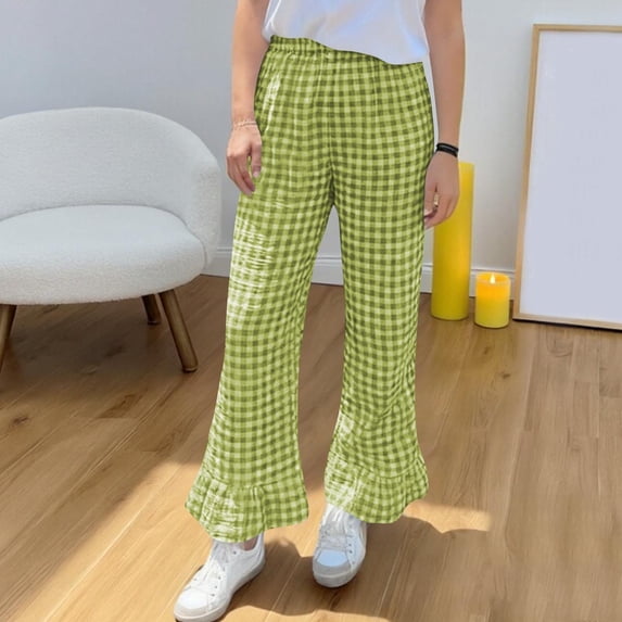 Caywon Women's Plaid Elastic Waist Pants with Pockets Soft Cozy Pants Full-Length Sleep Bottoms for Home Wear Nightwear Homewear
