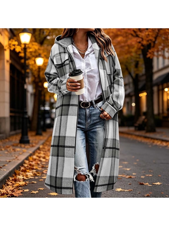 Women's Plaid Longline Hooded Coat with Full Zipper and Pockets, Winter Warm Outerwear for Fall and Cold Weather