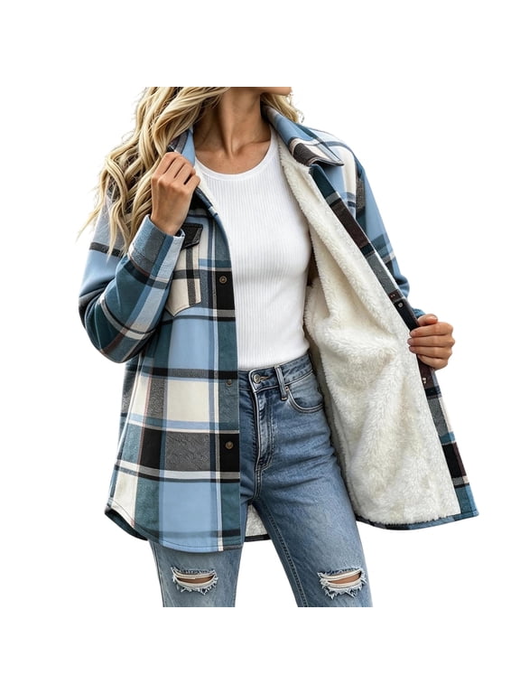 Women's Plaid Shacket Fleece Lined Button Down Notch Collar Sherpa Flannel Shirt Jacket Warm Winter Coat with Chest Pocket