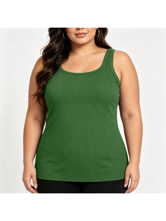 Women's Plus Size Ribbed Bra Top with Built-in Padding and Wide Straps, Square Neck Wireless Support Tank for Everyday Comfort