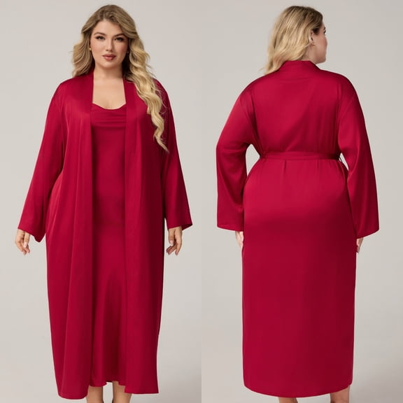 Caywon Women's Plus Size Satin-Like Solid Color Homewear Set 2-Piece Nightgown Robe Silky Comfortable Sleepwear for Home Relaxation