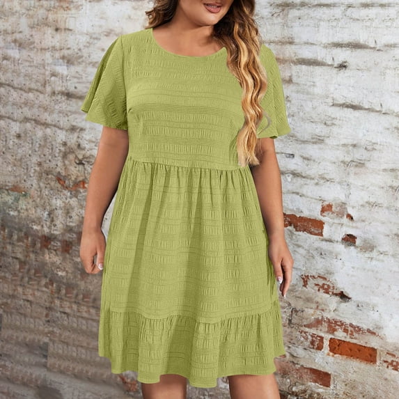 Caywon Women's Plus Size Solid Color Crew Neck Short Sleeve Dress Loose Comfy Breathable Lightweight Casual Daily Summer Dress for Curvy Ladies