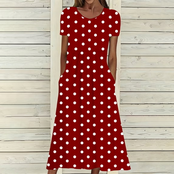 Caywon Women's Polka Dot Print V Neck Short Sleeve Dress Elastic Unpositioned Dot Loose Casual Dress Soft Breathable Comfortable Daily Wear for Summer Vacation