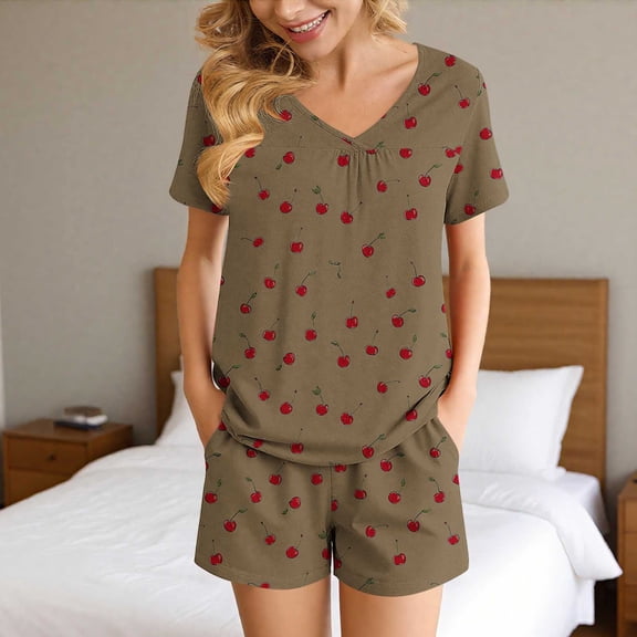 Caywon Women's Printed 2-Piece Homewear V-Neck Top with Pockets Shorts Pajama Set Cute Breathable Sleepwear for Daily Home