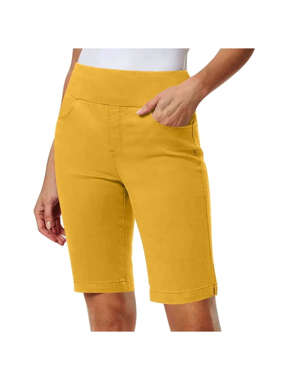 Women's Pull-On Bermuda Shorts, Wide Waistband Stretch Twill Shorts, Casual Knee Length Bottoms with Pockets for Hiking, Vacation, and Everyday Wear