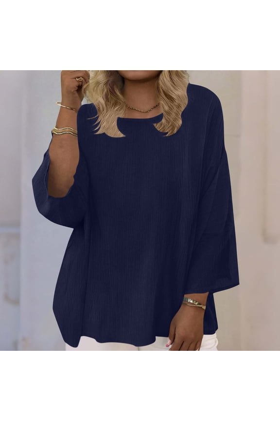 Women's Round Neck 3/4 Dolman Sleeve Ribbed Top Loose Fit High-Low Hem Plus Size Casual Blouse Airy Daily Wear Camisa de Mujer