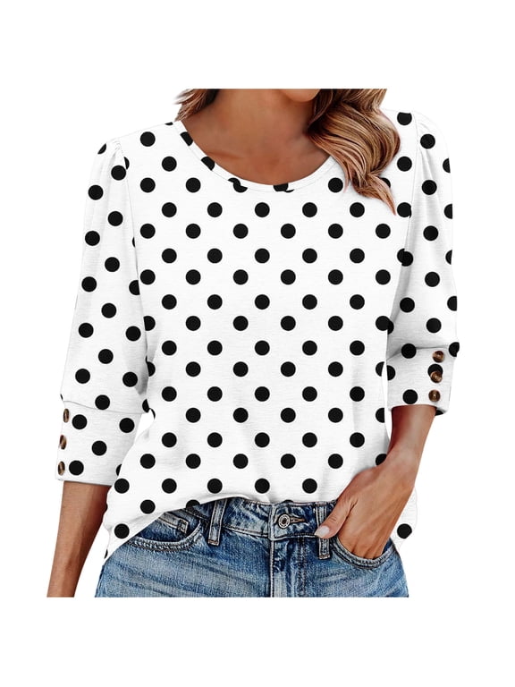 Women's Round Neck 3/4 Sleeve Polka Dot Blouse with Button Cuff Detail and Puff Shoulder Casual Versatile Tee Top