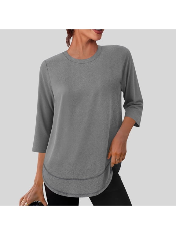 Women's Round Neck 3/4 Sleeve Quick-Dry Tunic Top with Curved Hemline for Outdoor Sports Travel Summer Daily Activewear