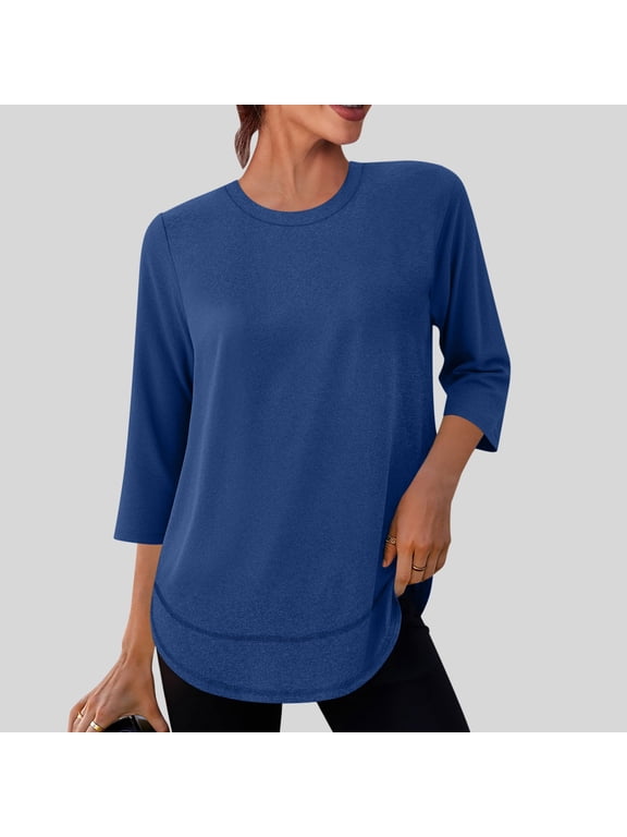 Women's Round Neck 3/4 Sleeve Quick-Dry Tunic Top with Curved Hemline for Outdoor Sports Travel Summer Daily Activewear