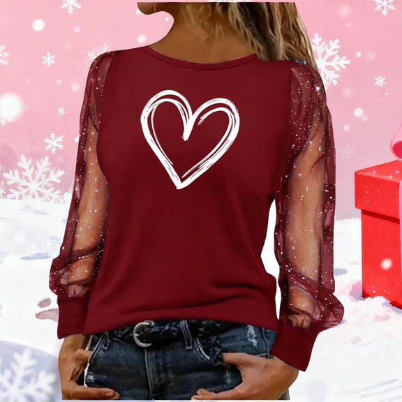 Caywon Women's Round Neck Long Sleeve Mesh Patchwork Top Glitter Heart Printed Sheer Blouse Romantic Design for Valentine's Day Party Daily Wear