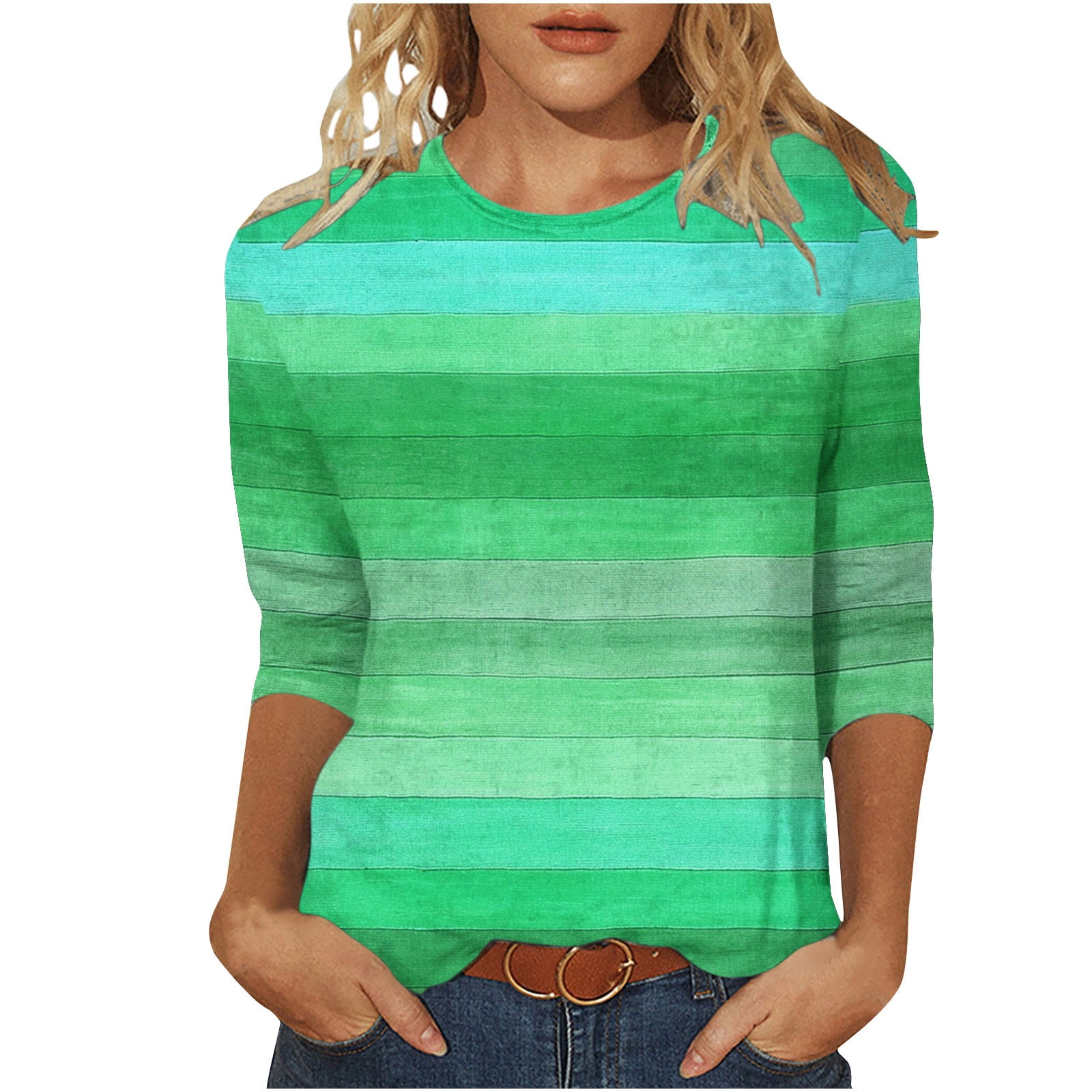 Round Neck 3/4 Sleeve Plain T-Shirt - Gray Melange - Women