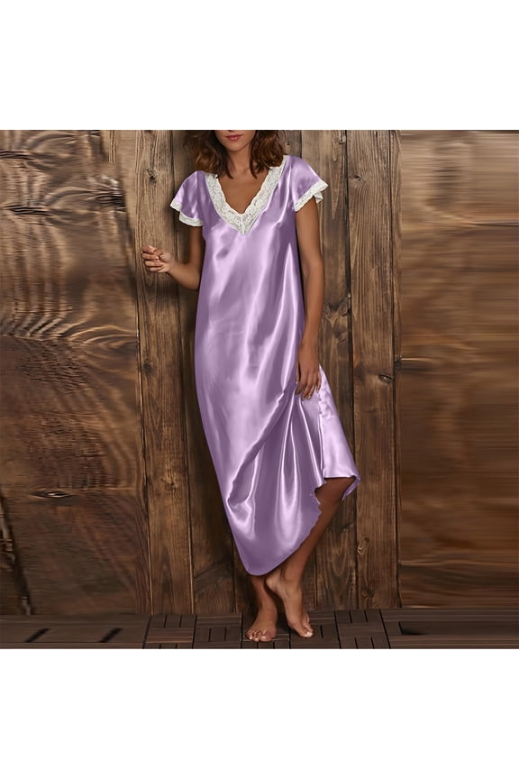 Women's Satin Long Nightgown Lace V-Neck Short Sleeve Sleep Dress Soft Floor-Length Sleepwear for Bedroom Wedding Night Homewear