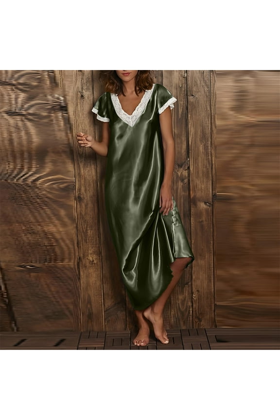 Women's Satin Long Nightgown Lace V-Neck Short Sleeve Sleep Dress Soft Floor-Length Sleepwear for Bedroom Wedding Night Homewear