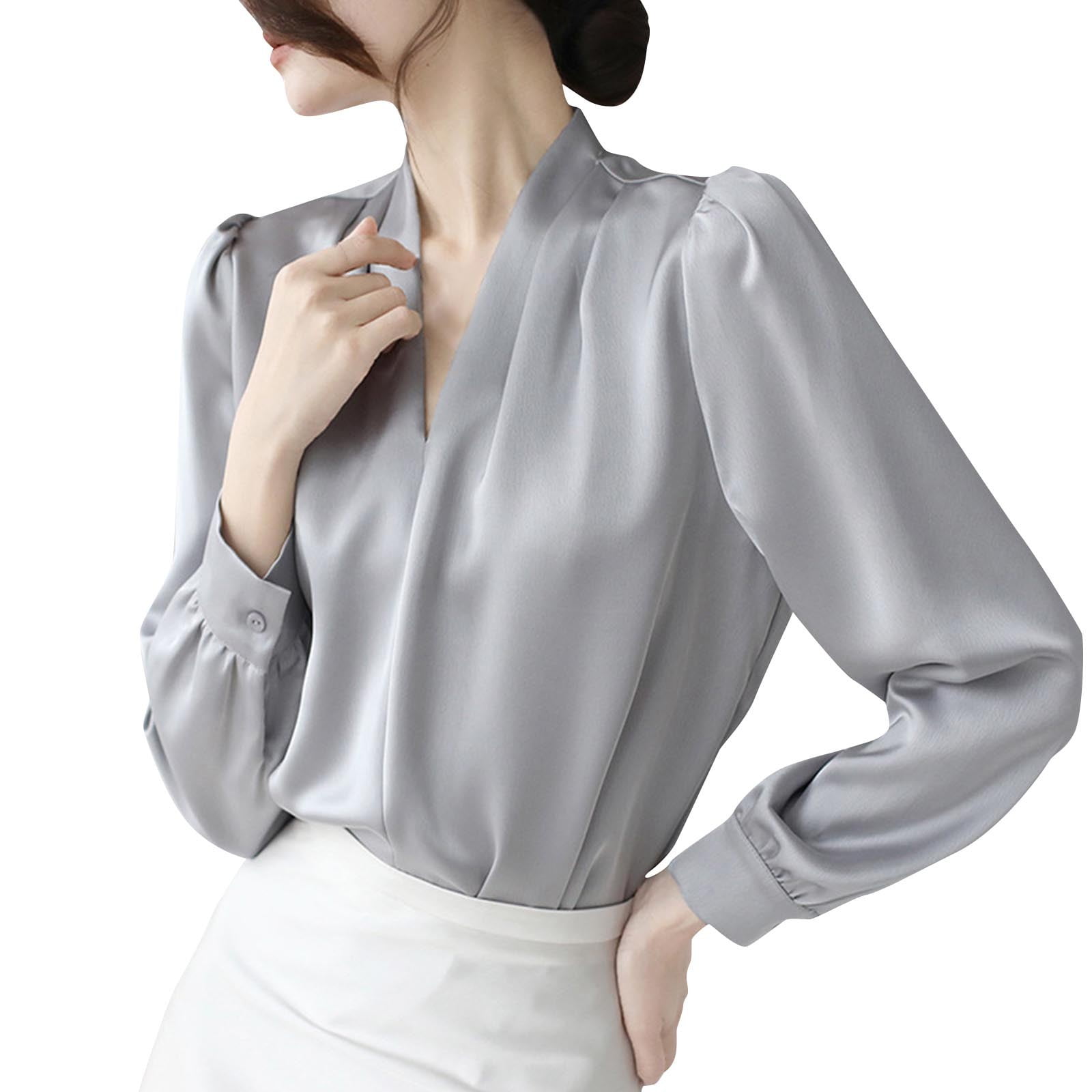 Caywon Women's Satin Long Sleeve Shirt V Neck Blouse Top Elegant Satin ...