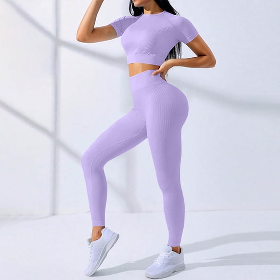Caywon Women's Seamless Gym Set High Waist Skinny Leggings Stretchy Yoga Outfit Short Sleeve Crew Neck Top 2-Piece Activewear For Workout Fitness Training