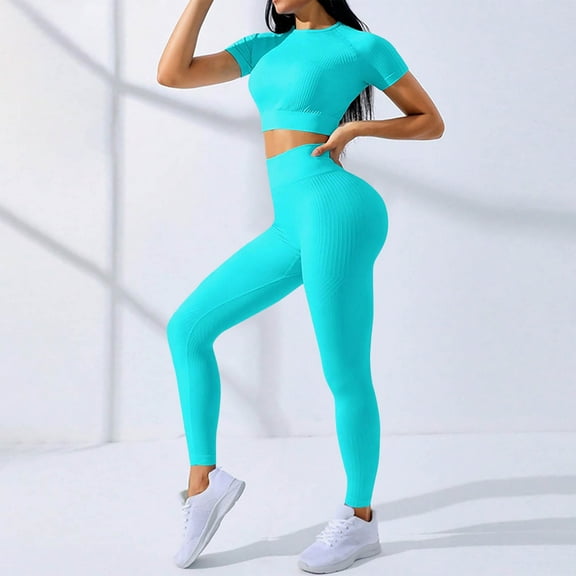Caywon Women's Seamless Gym Set High Waist Skinny Leggings Stretchy Yoga Outfit Short Sleeve Crew Neck Top 2-Piece Activewear For Workout Fitness Training